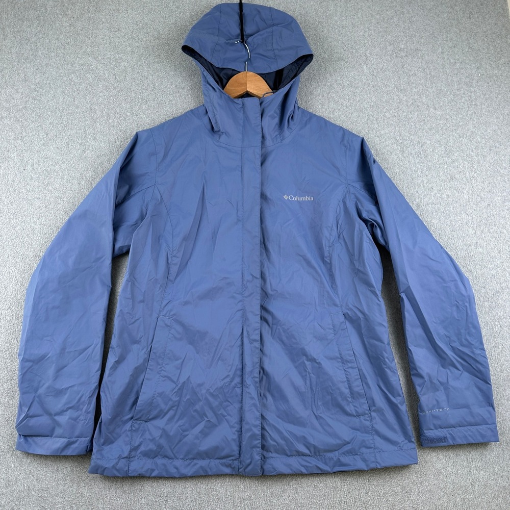 Columbia Jacket Womens L XL8017 Blue Omni-Tech Waterproof Rain Coat Hooded